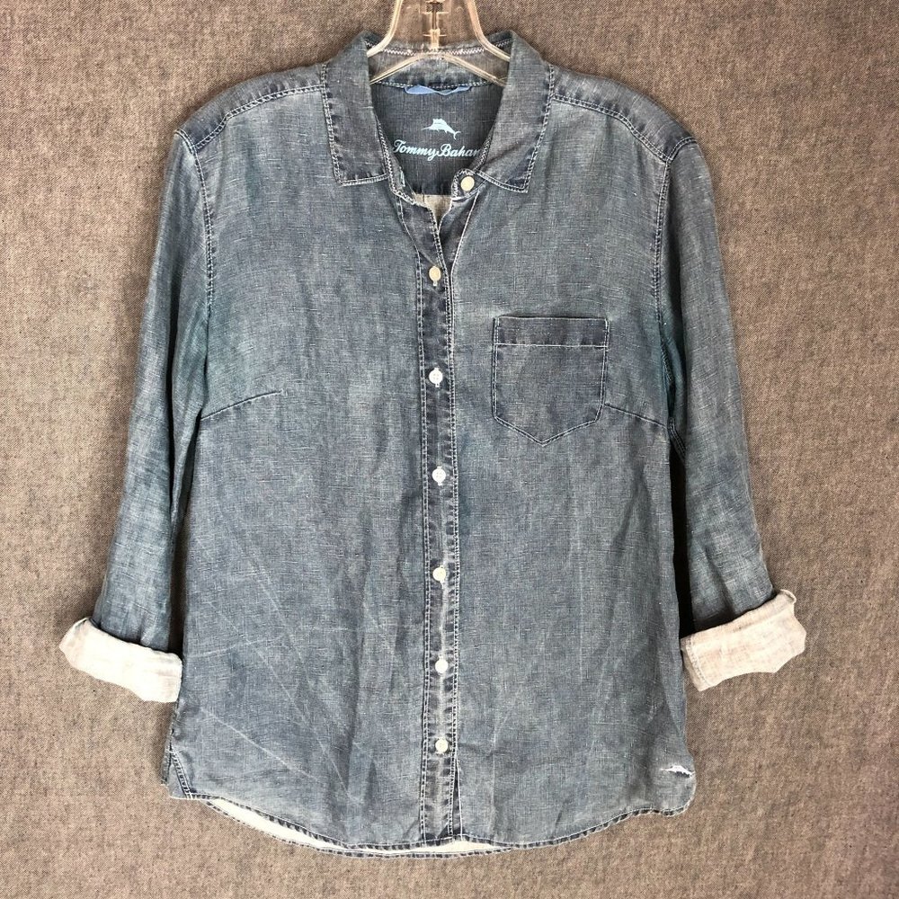 Tommy Bahama Top S Small Button Up Long Sleeve Medium Wash Denim Logo Women's
